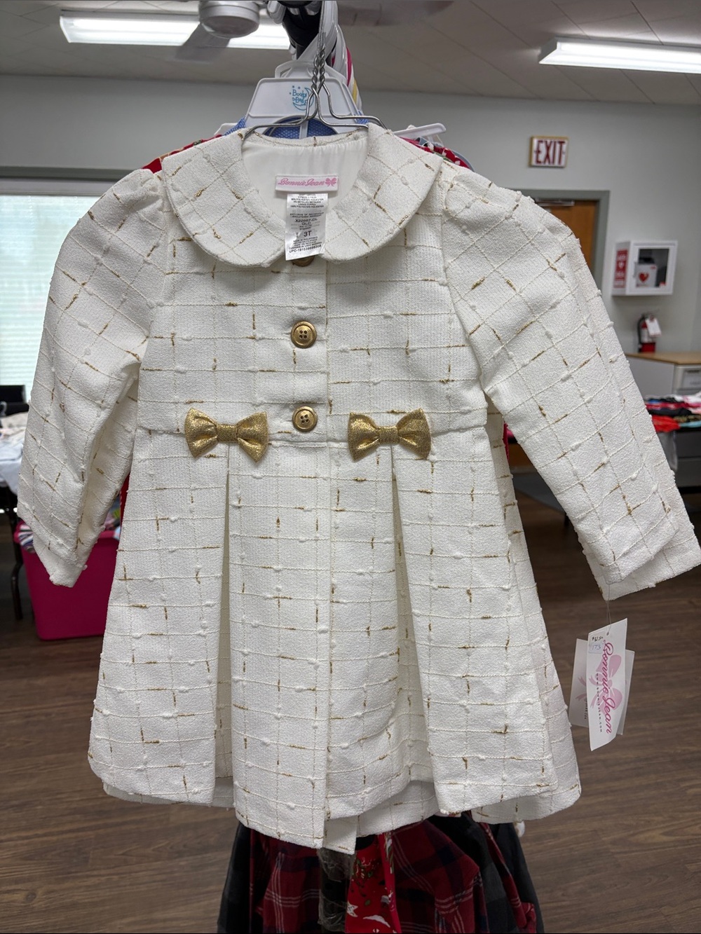 Bonnie Jean Cream Tweed Coat with Gold Bow Accents